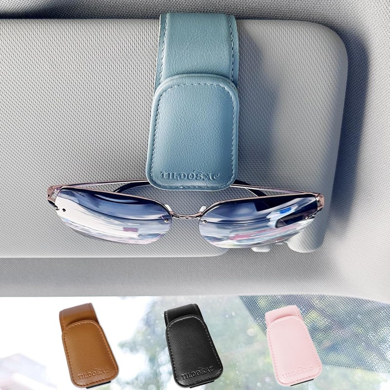 TILDOSAC Sunglasses Holder for Car Visor, Leather Magnetic Sunglass Holder for Car with Clip, Blue - Image 1
